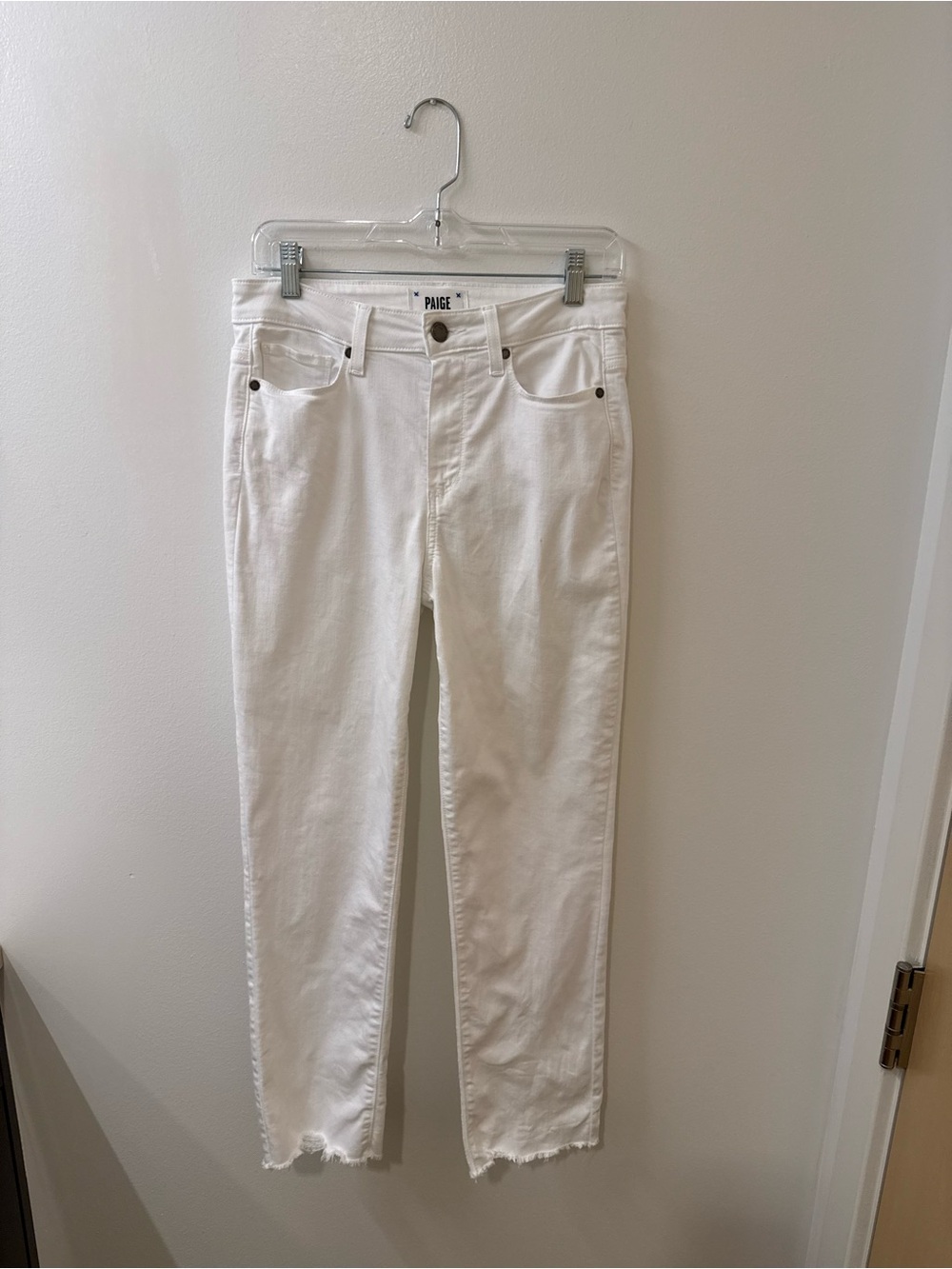 PAIGE White Straight Leg Jeans with Raw Hem - Size 28
